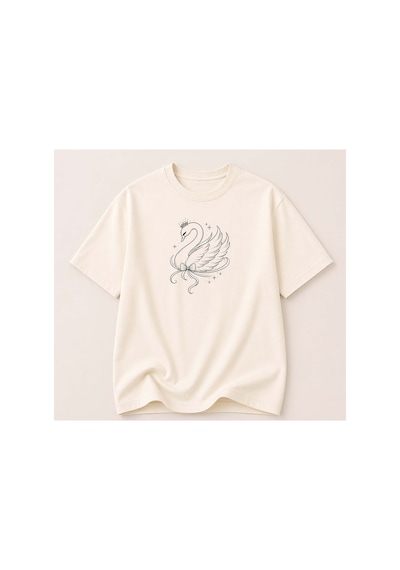 Herkesemoda Kuğu Baskılı Kadın Bisiklet Yaka Pamuklu T-shirt Krem