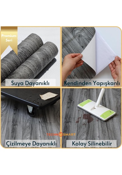 Technosmart 60 500cm Kendinden Yapışkanlı Parke Görünümlü Premium Zemin Duvar Kağıdı Dolap Kaplama Antrasit