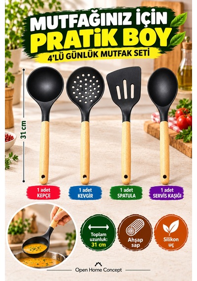 4 Lü Ahşap Saplı Siyah Silikon Mutfak Seti 31cm Kepçe Kevgir Spatula Servis Kaşığı Pişirme Ve Servis