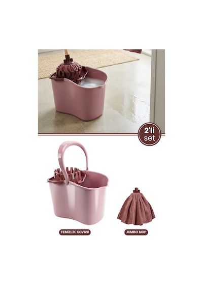 Flora Sıkmalı Temizlik Yer Silme Kovası 15 Litre + Süper Emici Mikrofiber Jumbo Havlu Mop 2 Li Seti