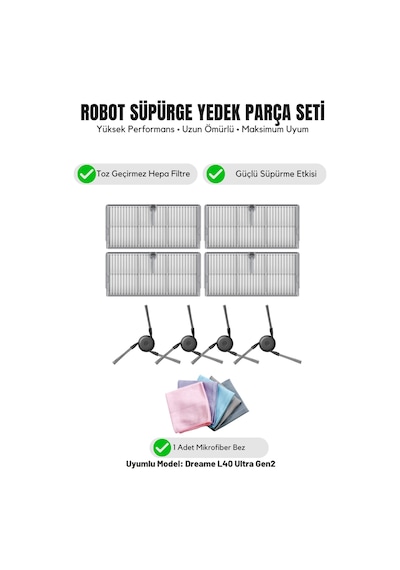 Dreame L40 Ultra Gen2 İle Uyumlu 4 Yan Fırça 4 Filtre 1 Temizlik Bezi 10.0