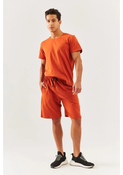 Erkek Oversize Rahat %100 Pamuklu Penye Bisiklet Yaka Kısa Kol Basic T-shirt KIREMIT
