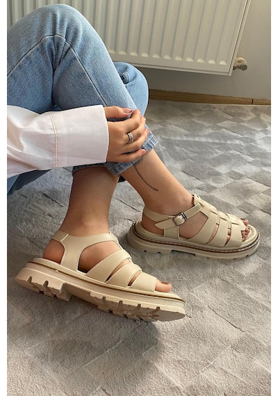 Preshley Kadın Desma Bej Kafes Model Vardola Deyatlı Kalın Taban Ortopedik Sandalet K-140