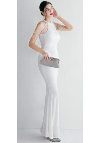 Hanife Glam Couture Hanife Glam Halter Yaka Taş Tasarımlı Pul Payet Abiye Elbise Beyaz