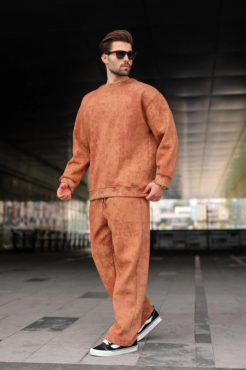Madmext Kahverengi Bisiklet Yaka Batik Desenli Erkek Sweatshirt Pantolon Takım E7344 Kahverengi