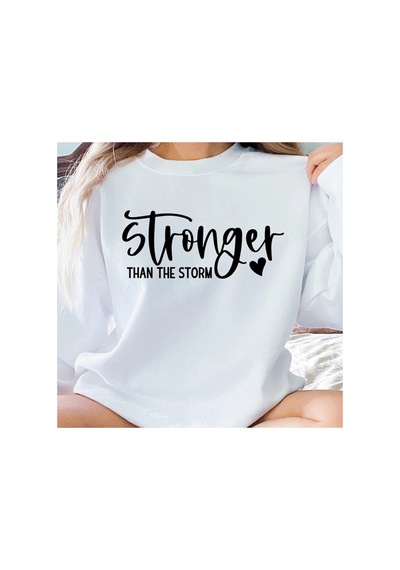 Magors Stıl-x Sevgililer Gününe Özel Stronger Baskılı, Bisiklet Yaka, Pamuklu, Oversıze Sweatshırt Beyaz