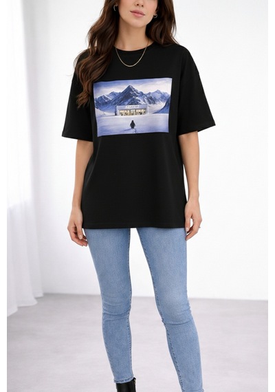 Soft&Basic Kadın %100 Organik Pamuk Baskılı Bisiklet Yaka T-shirt Siyah