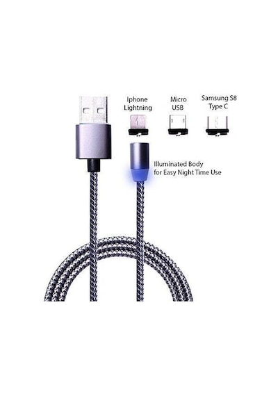 Alfais 4910 Apple Uyumlu iPhone Lightning Samsung Micro Usb Type-C Mıknatıslı Şarj Kablosu