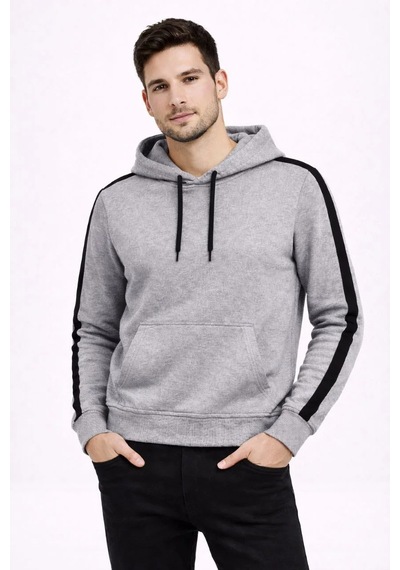 Assema Erkek Şeritli Kapüşonlu Sweatshirt Oversize 3 İplik Pamuklu - Gri Çok Renkli