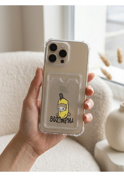 İphone 16 Pro Max Boş Yapma Muz Detaylı Kart Bölmeli Şeffaf Telefon Kılıfı Mh-hs2488-0418