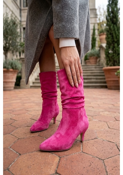 Divolya Sophia Kısa Boy Pembe Körüklü 7 Cm Topuk Çekme Günlük Kadın Çizme