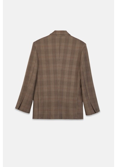 Kadın Kahverengi Ekoseli Oversize Blazer Kahverengi