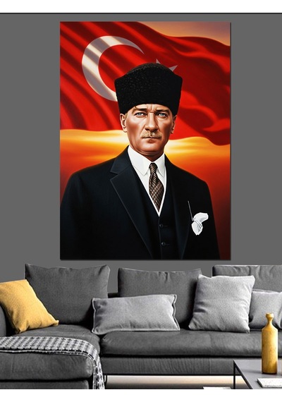 Atatürk Portresi Bayrak Kırmızı Dekoratif Kanvas - Mdf Ahşap Tablo