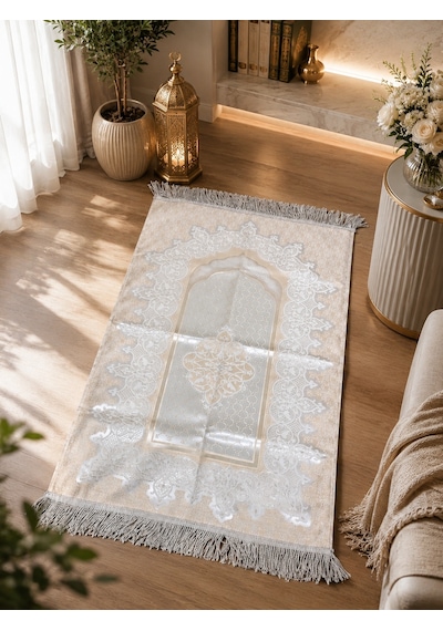 Royam Lüx Kalın Dokulu Saçaklı Saten Jakarlı Seccade 70 X 120 Krem