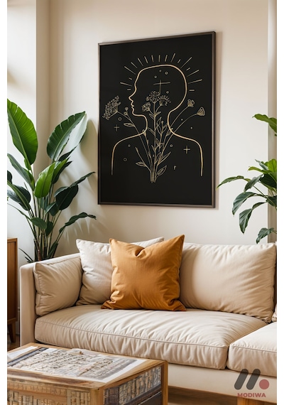 Altın Profil Botanik Poster, Siyah Çerçeveli Duvar Tablosu - Modern Ev Dekorasyonu