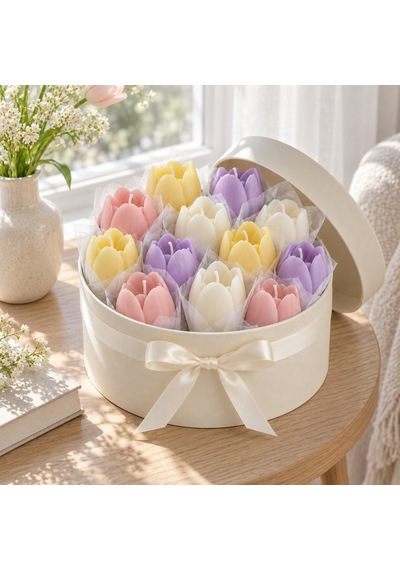 Pastel Lale Mum Buketi Silindir Kutulu Çok Renkli