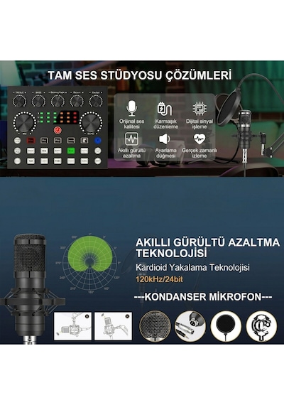 Profesyonel Mikrofon Seti Ses Kartlı Yayıncı Podcast Gaming Full Set Stüdyo Kalitesi Mikrofon