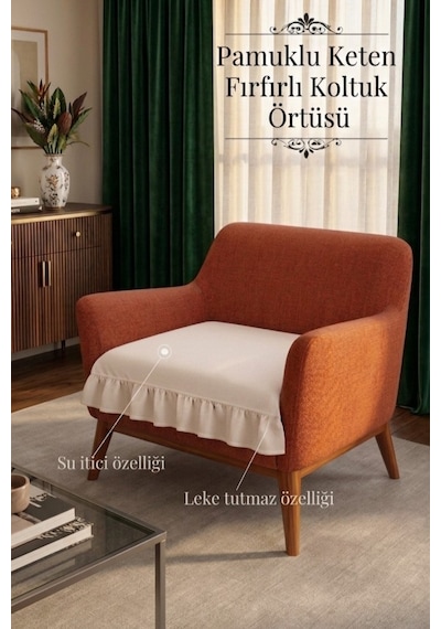 Lüx Fırfırlı Tekli Koltuk Örtüsü Bohem Pamuklu Keten Leke Tutmaz Su İticili Krem