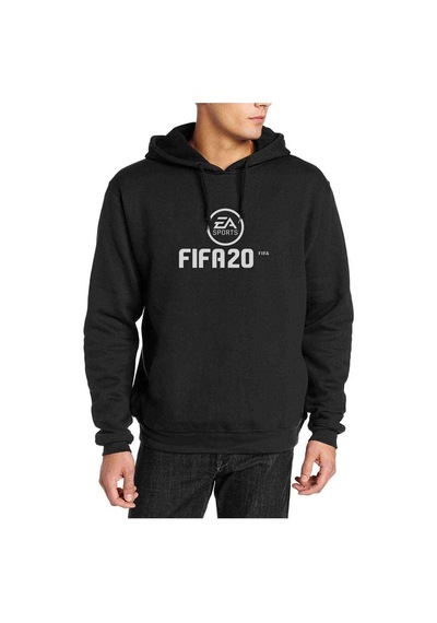 Fıfa 2020 Baskılı Siyah Erkek Örme Kapşonlu Sweatshirt