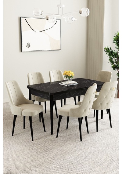 Clara Siyah Mermer Desen 80x132 Açılabilir Mdf Masa Yemek Odası Takımı,mutfak Takımı 6 Adet Sandalye Krem Clara Siyah Mermer Desen 80x132 Açılabilir Mdf Masa Yemek Odası Takımı,mutfak Takımı 6 Adet Sandalye Krem