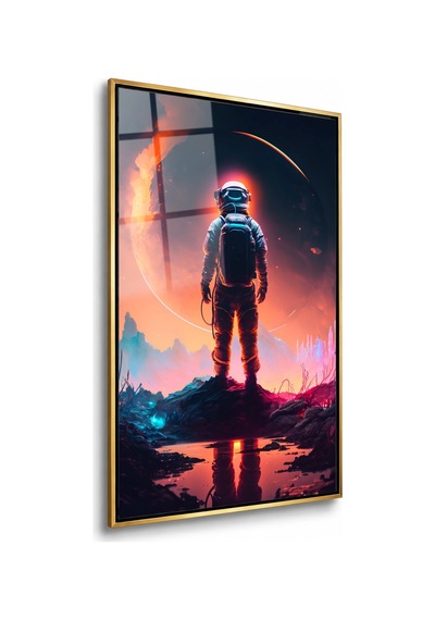 Kızıl Gezegende Duran Astronot Gold Çerçeveli Cam Tablo