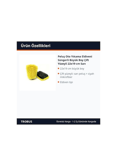 Trobus Peluş Oto Yıkama Eldiveni Süngerli Büyük Boy Çift Yüzeyli 22x19 Cm Sarı