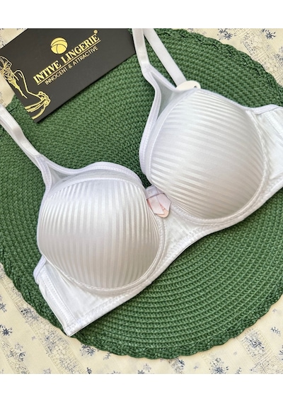 Evelyn Parlak Saten Çizgi Detaylı C Cup Balenli Desteksiz Önü Tül Beyaz