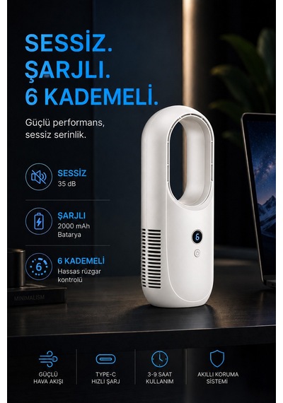 6 Kademeli Şarjlı Masa Vantilatörü Bıçaksız Modern Tasarım Masaüstü Taşınabilir Fan Beyaz F177
