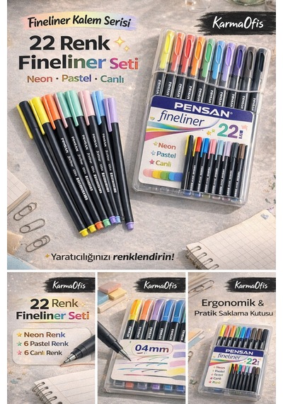 22 Renk Fineliner Kalem Seti 0.4 Mm Neon,pastel,canlı Pensan İnce Uç Çizim Kalemi Seti