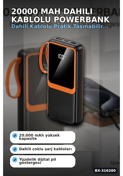 20000 Mah Powerbank Dahili Çoklu Kablolu Ve Dijital Göstergeli Taşınabilir Şarj Cihazı Bx-316260 Çok Renkli