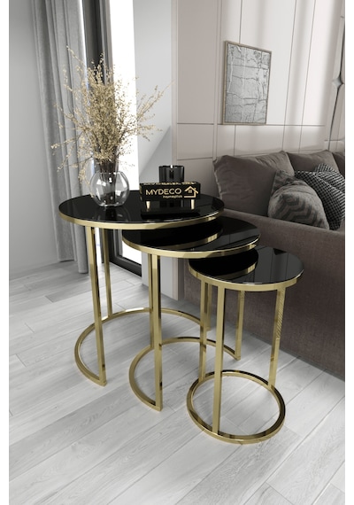 3'lü Zigon Sehpa Gold Ayak Siyah Ayna