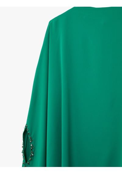 Koton Dik Yaka 3/4 Yarasa Kol Oversize Saten Abiye Bluz Yeşil 6sak60001fw