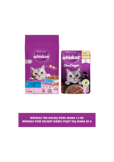 Whiskas Ton Balıklı Yetişkin Kedi Maması 1400 G + Whiskas Pure Delight Tavuklu Mama 85 G