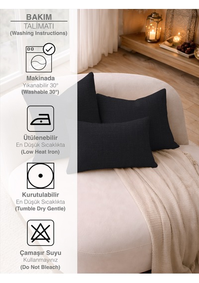 Br Perle Siyah Keten Dokulu Dekoratif Kırlent Kılıfı Modern Salon Koltuk Yastığı