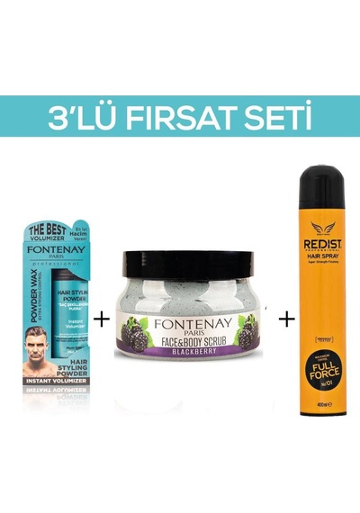 Fontenay Pudra Toz Wax Mavi 20gr + Face And Body Scrub Böğürtlen 350ml +saç Spreyi 400ml 2 3'lü Set