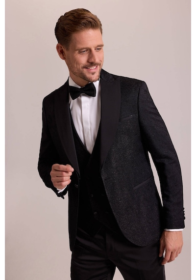 Ysf Erkek Siyah Damatlık Slim Fit Kırlangıç Yaka Desenli