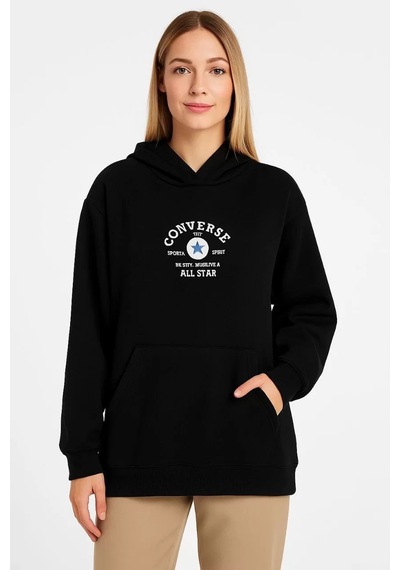 Üç İplik Kapşonlu Ön Ve Arka Baskılı Sweatshirt Hoodie- Siyah Siyah