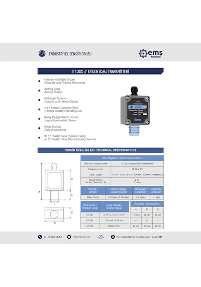 Ems Kontrol - Etilen Transmitteri 0-10 V / 0-100 ppm