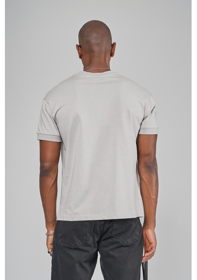 King Brich Slim Fit Kalıp Kolu Ribanalı Basic %100 Pamuklu Tişört Gri