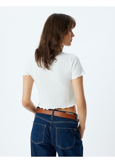 Koton Crop Top Dokulu Kısa Kollu Bisiklet Yaka Slim Fit Beyaz 4sak50787ek Beyaz