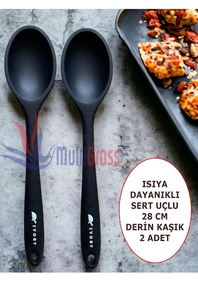 Sert Uçlu Isıya Dayanıklı Silikon Kaşık Seti, 28 Cm, Siyah, 2 Adet