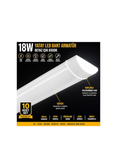 10 Adet Set- Led Bant Armatür 60 Cm Beyaz Işık Yüksek Lümenli Sıva Üstü Mutfak Atölye Aydınlatma,tavan Lambası ,led Lamba,otopark Lambası Diğer