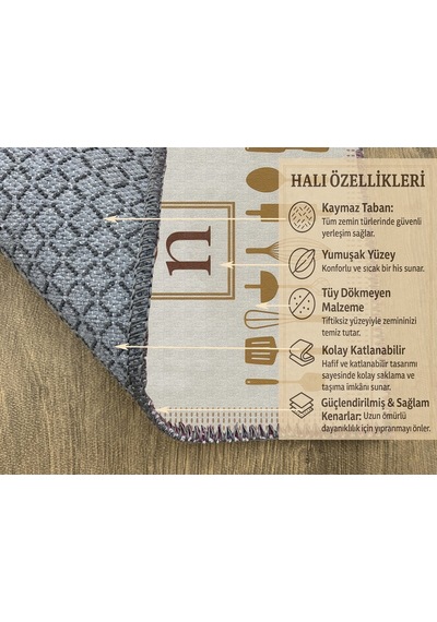Turkıshrug Kıngdom Bej Kitchen Yazılı Halı Kaymaz Pamuk Taban, Dijital Baskı Çok Renkli