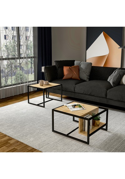 Batı 2 Li Modern Orta Sehpa Takımı Metal Ayaklı, Alt Raflı Safir Meşe Batı 2 Li Modern Orta Sehpa Takımı Metal Ayaklı, Alt Raflı Safir Meşe