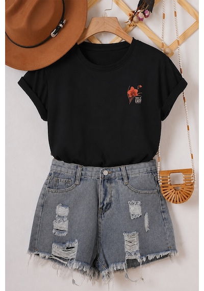 Spoyi Take It Easy Tasarımlı %100 Pamuk Yarım Oversize Siyah T-lhirt