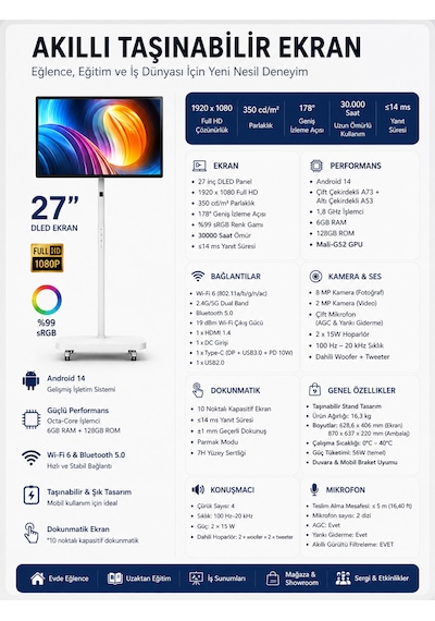 Lm27-u200pm 27" 1920 Y 1080 D Fhd 14 Ms Dled Dokunmatik Android Tekerlekli Standlı Akıllı Smart Monitör