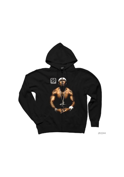 50 Cent With Tattoos Siyah Fermuarlı Kapşonlu Sweatshirt Siyah