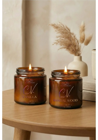 2 Li Amber Cam Kavanoz Aromaterapi Mum Seti Vanilya & Sandal Ağacı %100 Doğal Soya Kapaklı 100 Cc Amber