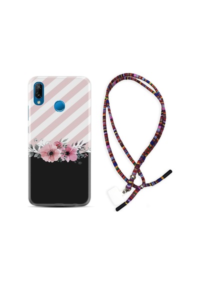 Huawei P20 Lite Kılıf Rasta Boyun Askılı Strip Pink Flowers 1396