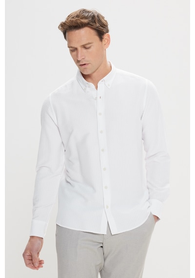 AC&Co / Altınyıldız Classics Erkek Beyaz Pamuklu Slim Fit Dar Kesim Düğmeli Yaka Gofre Desenli Gömlek Beyaz